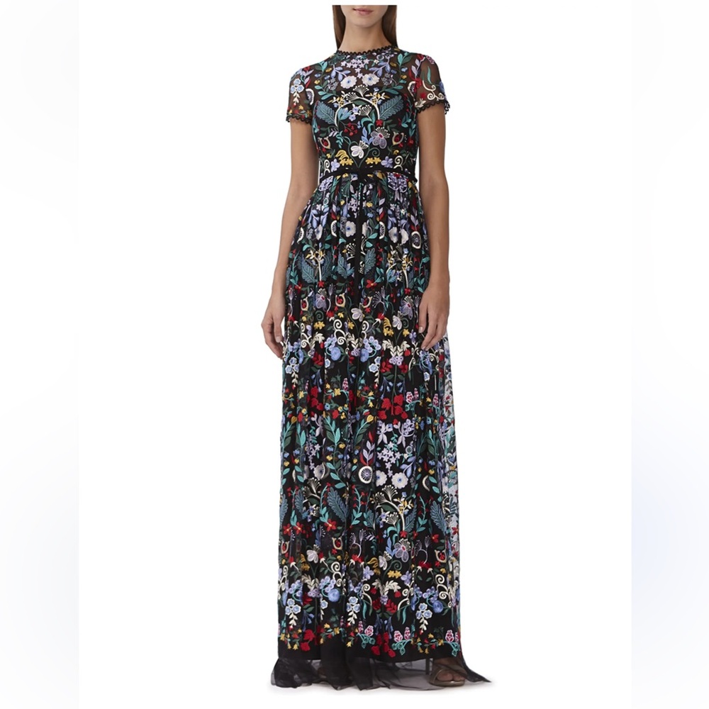 ML Monique Lhuillier Floral-Embroidered Mesh Maxi Dress 10 NWT